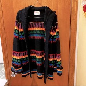 Amazing 1970s 1980s Vintage Black Hooded Multicolor Knit Cardigan Medium